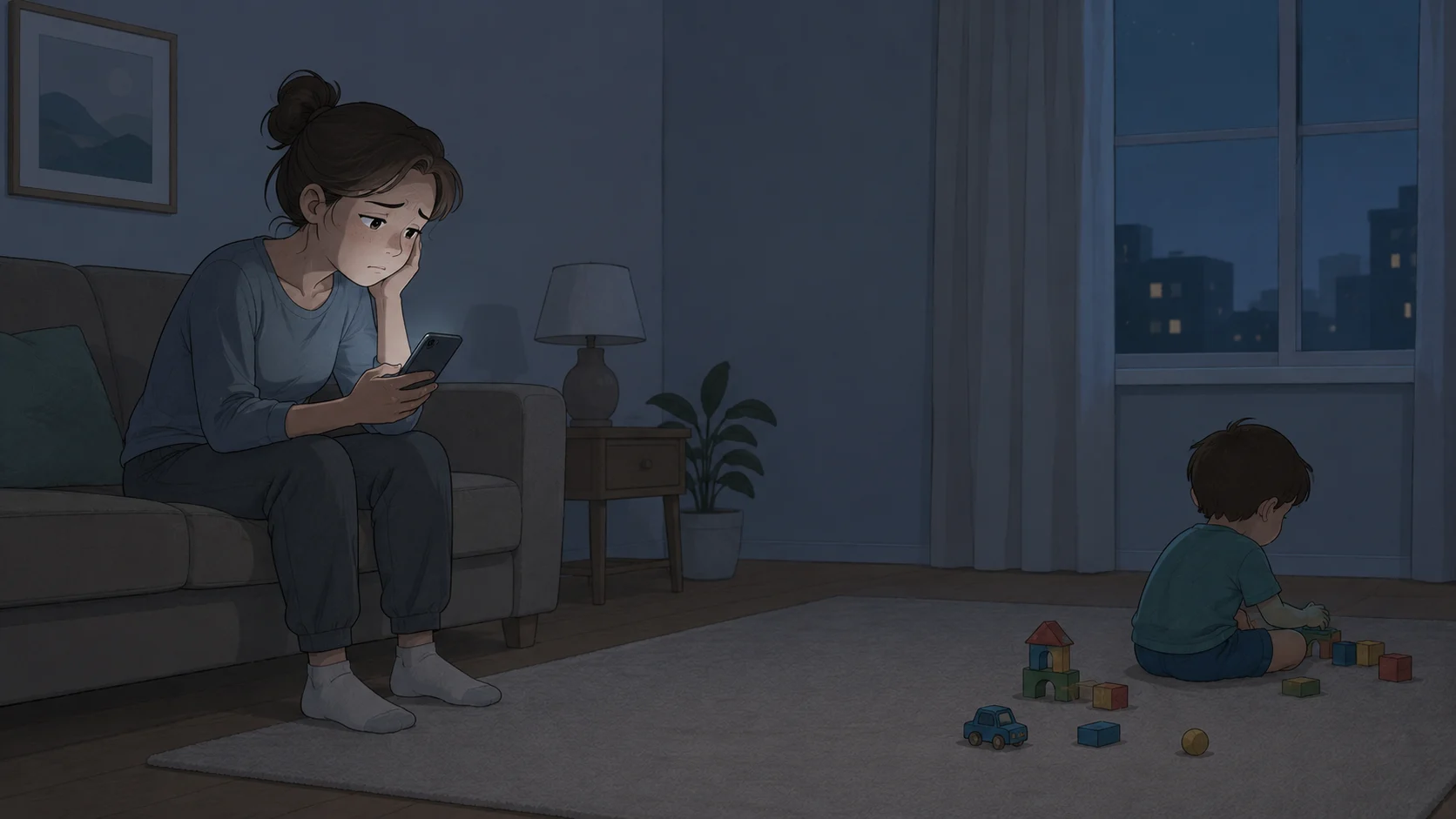 Mãe no sofá à noite pesquisando no celular, sem saber o que fazer